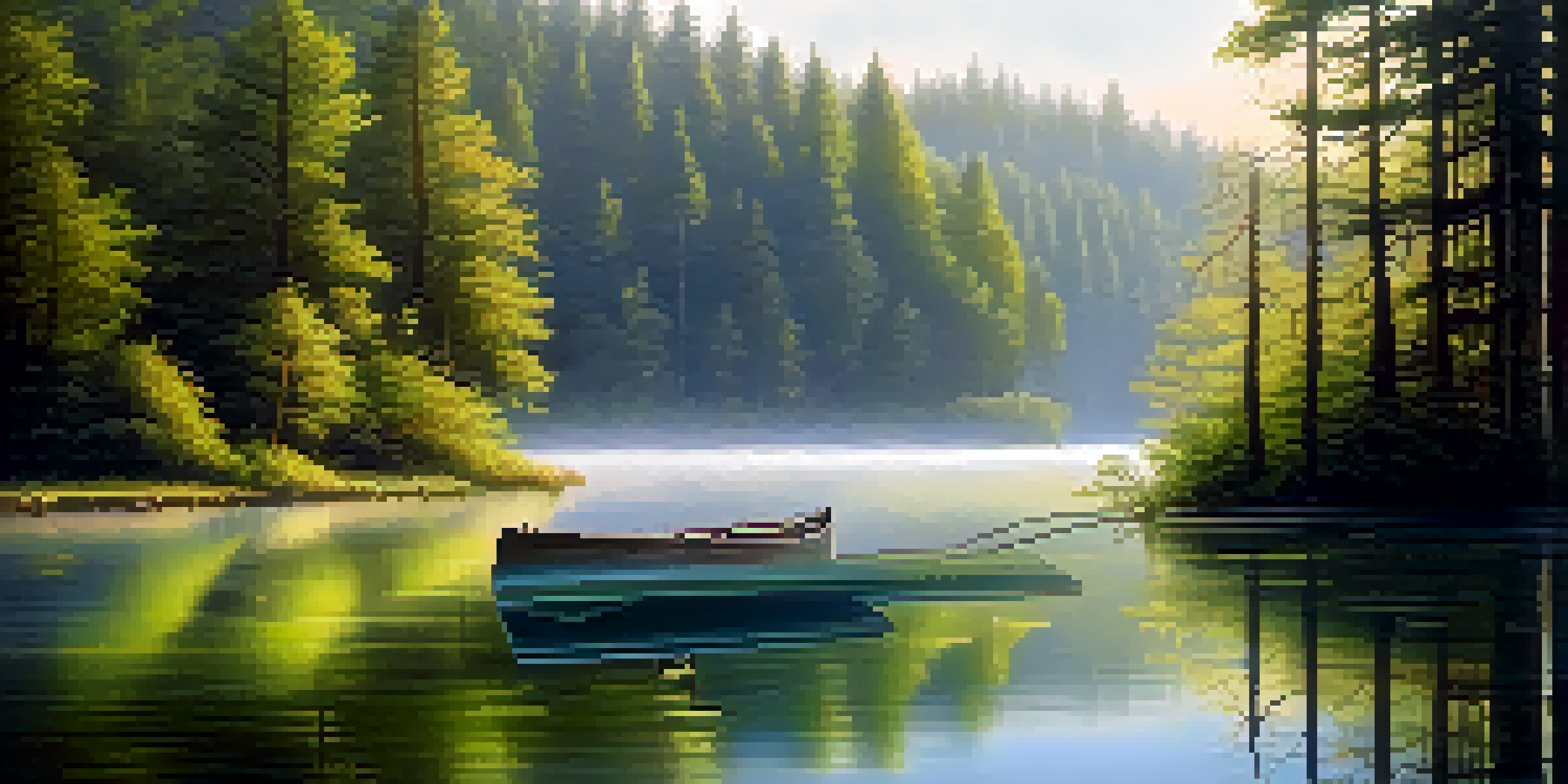A tranquil forest landscape with morning light and mist rising from a calm lake, featuring lush trees and a small wooden boat.