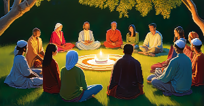 A group of diverse individuals sitting in a circle on the grass during an outdoor ritual at twilight, surrounded by candles and colorful fabric.