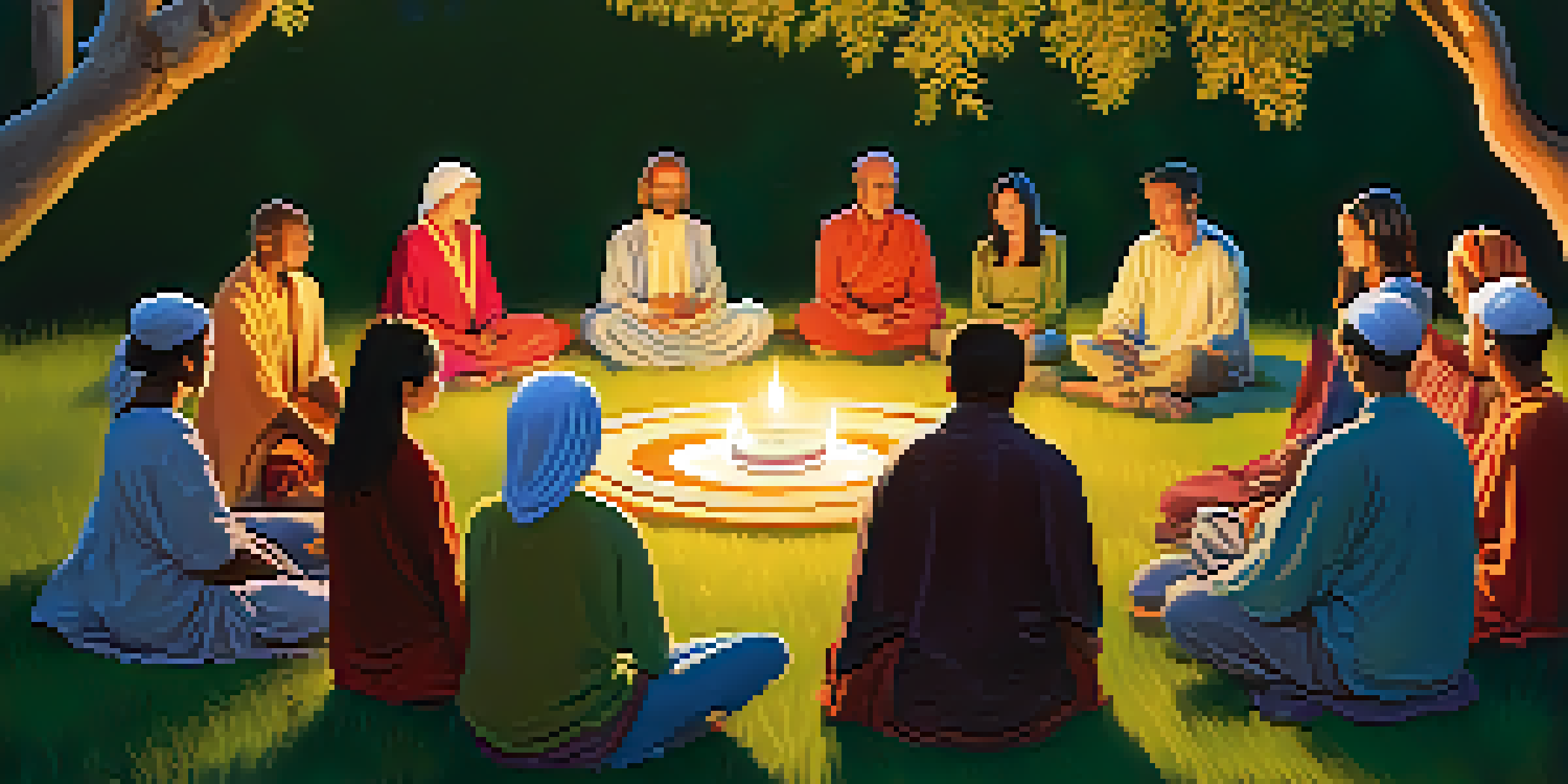 A group of diverse individuals sitting in a circle on the grass during an outdoor ritual at twilight, surrounded by candles and colorful fabric.