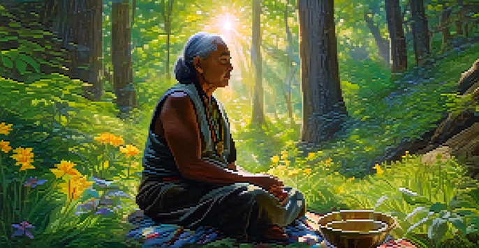 An Indigenous elder meditating in a green forest surrounded by flowers, holding a ceremonial bowl.