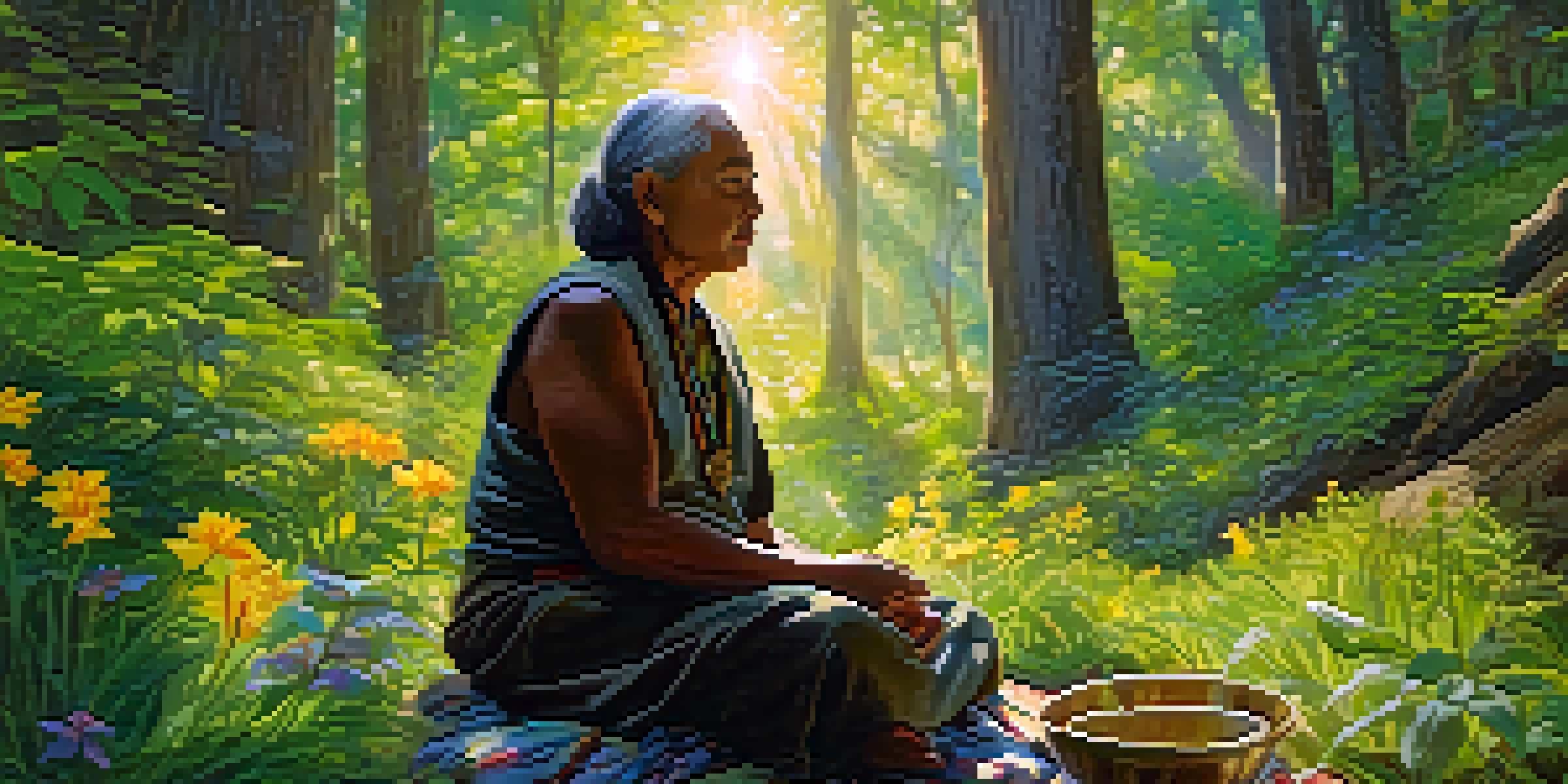 An Indigenous elder meditating in a green forest surrounded by flowers, holding a ceremonial bowl.