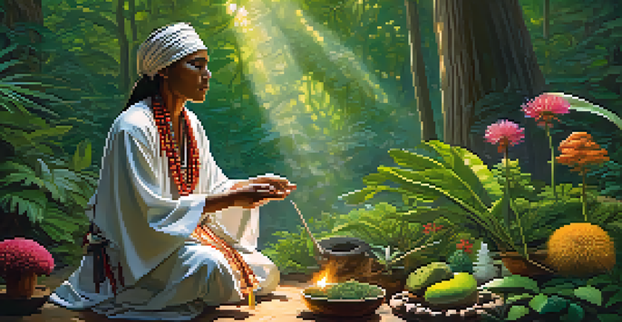 An Indigenous healer performing a ritual in a lush forest, surrounded by plants and sunlight filtering through the trees.