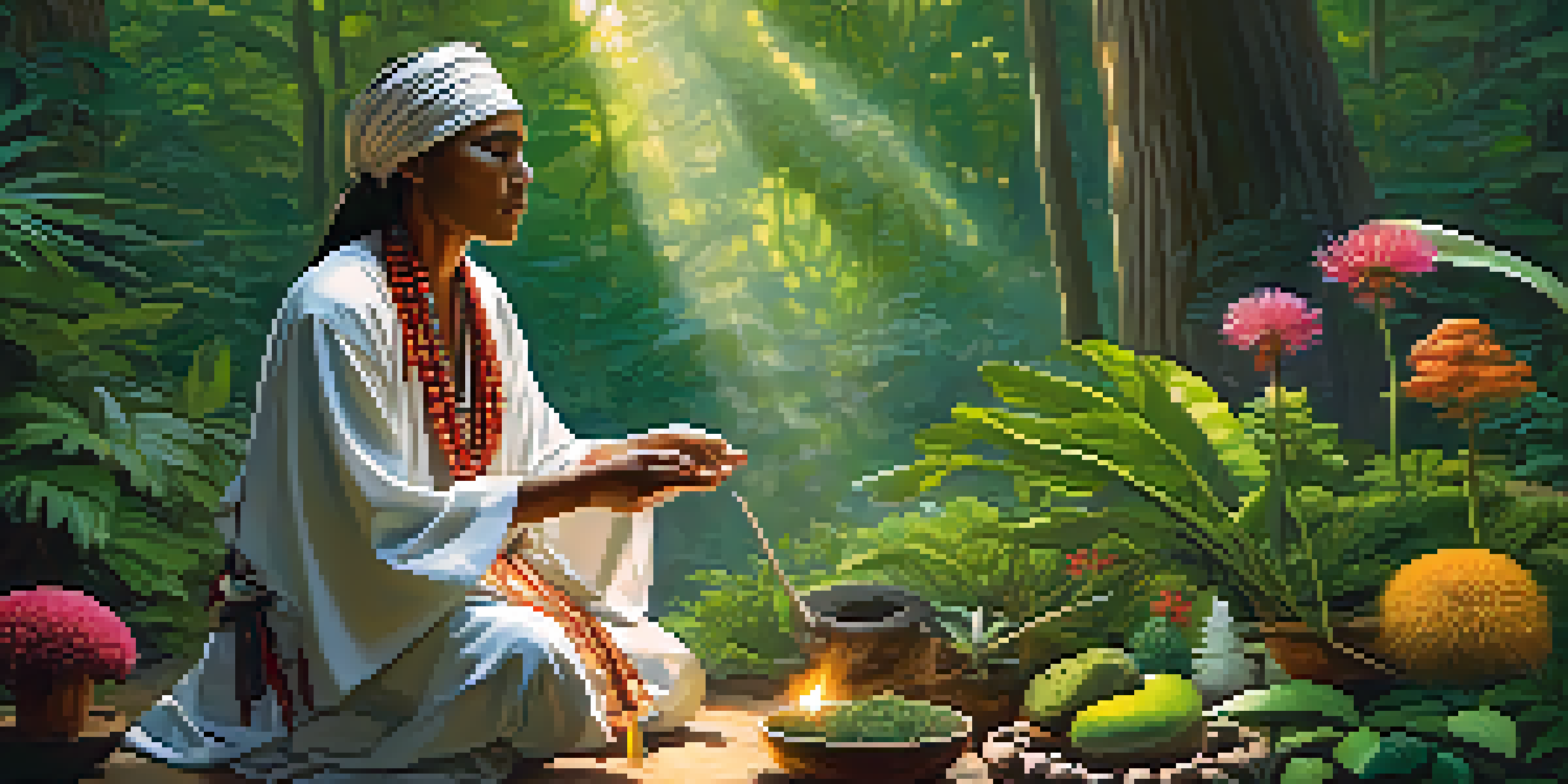 An Indigenous healer performing a ritual in a lush forest, surrounded by plants and sunlight filtering through the trees.