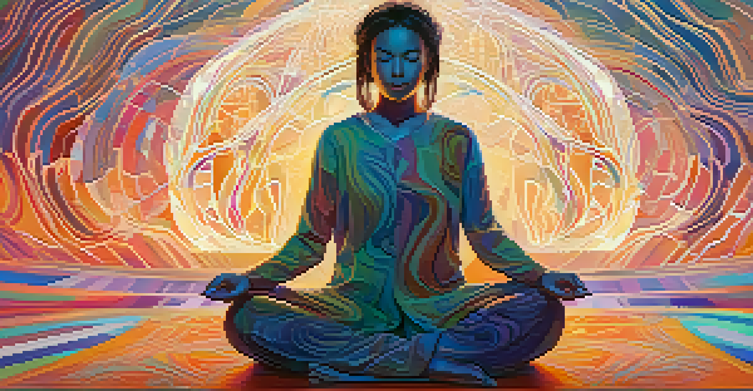 A person meditating in a colorful, abstract environment representing thoughts and emotions.