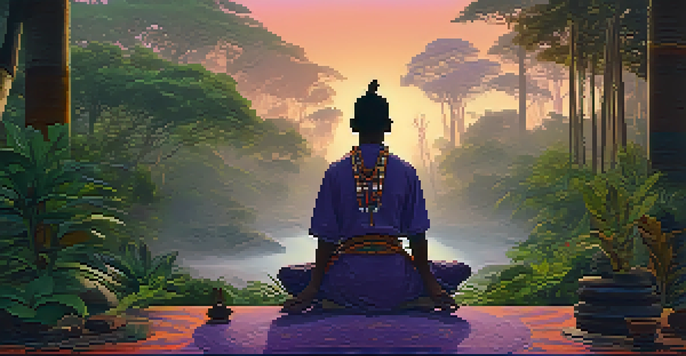 A peaceful scene of the Amazon rainforest at dawn, featuring a shaman sitting on a mat surrounded by healing plants.