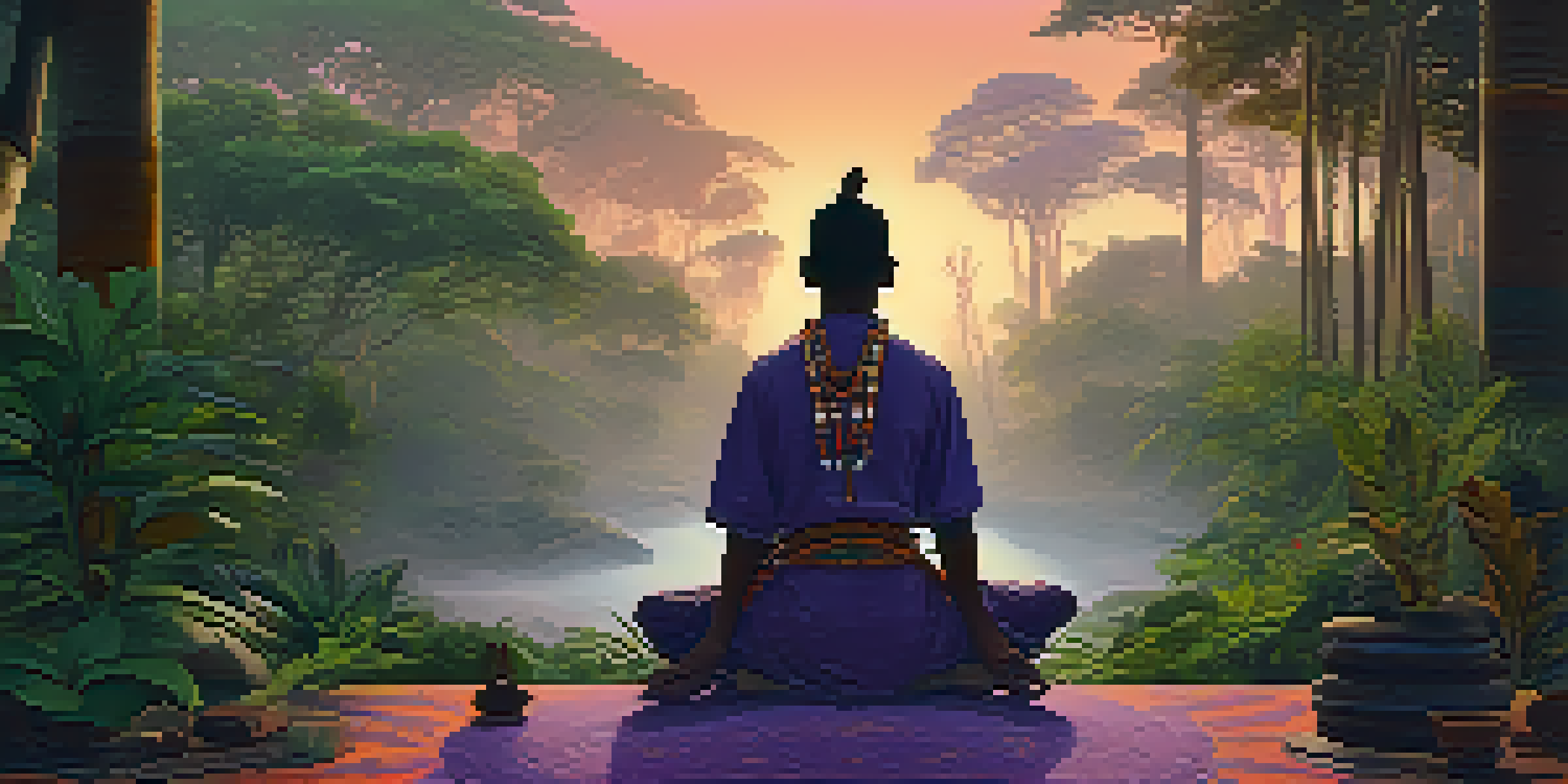 A peaceful scene of the Amazon rainforest at dawn, featuring a shaman sitting on a mat surrounded by healing plants.