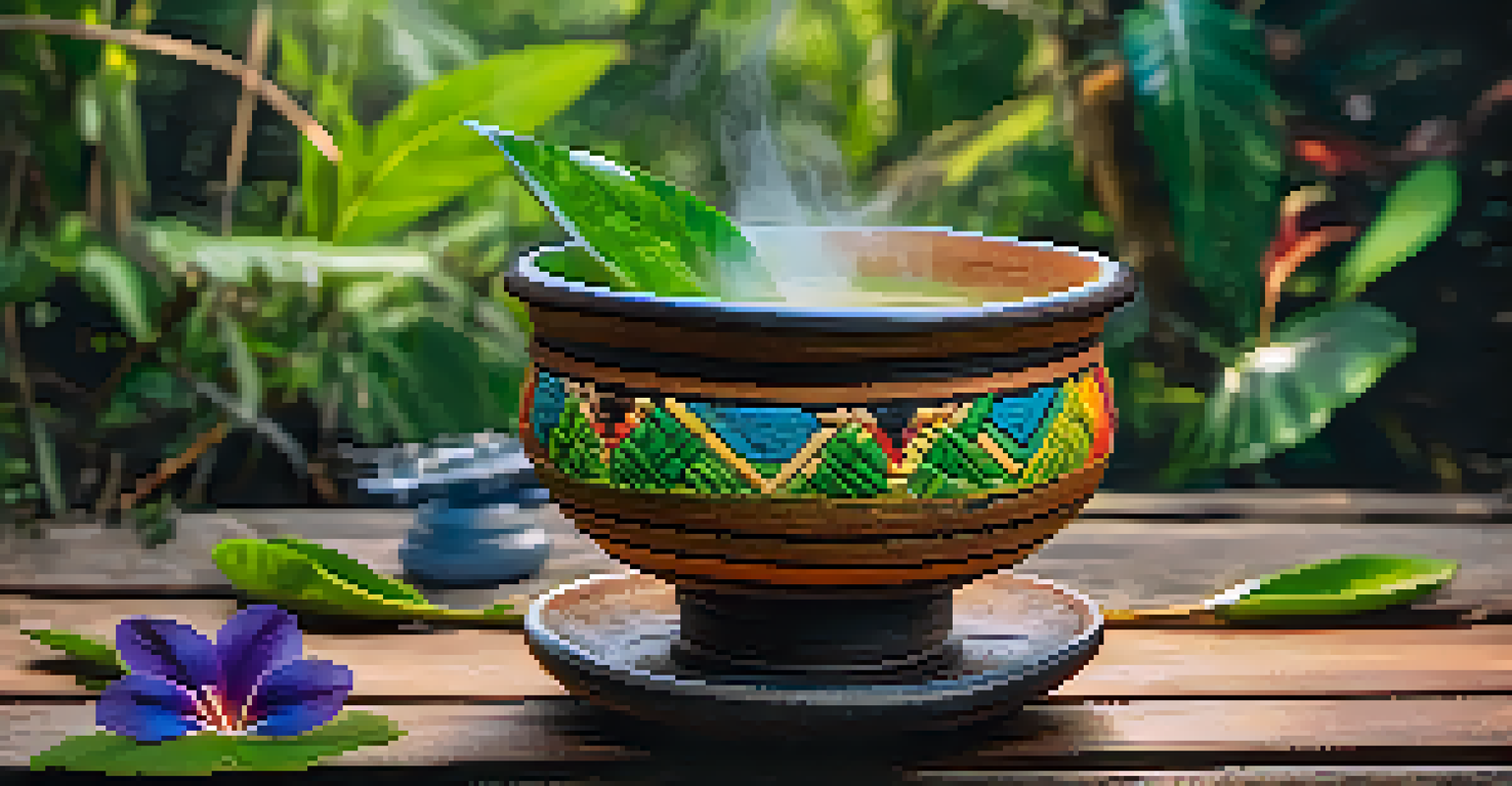 A close-up view of an ayahuasca brew in a ceramic cup, surrounded by leaves and flowers.