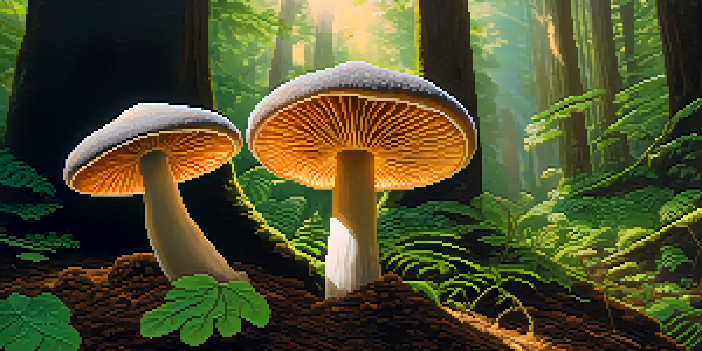 A close-up of psilocybin mushrooms in a green forest, with sunlight shining through the leaves, showcasing the details of the mushrooms and soil.