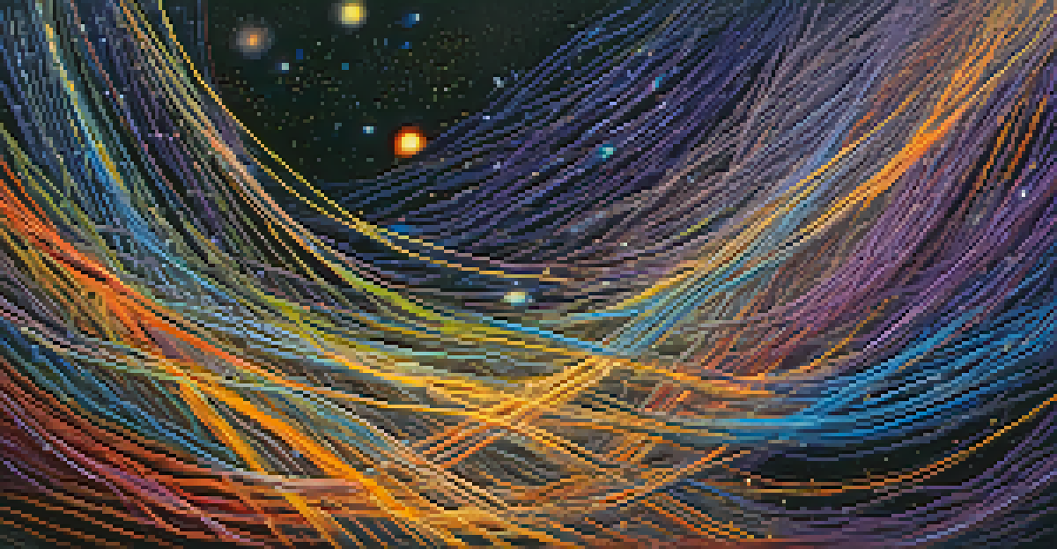 An abstract cosmic scene with colorful threads symbolizing interconnectedness and transformation.