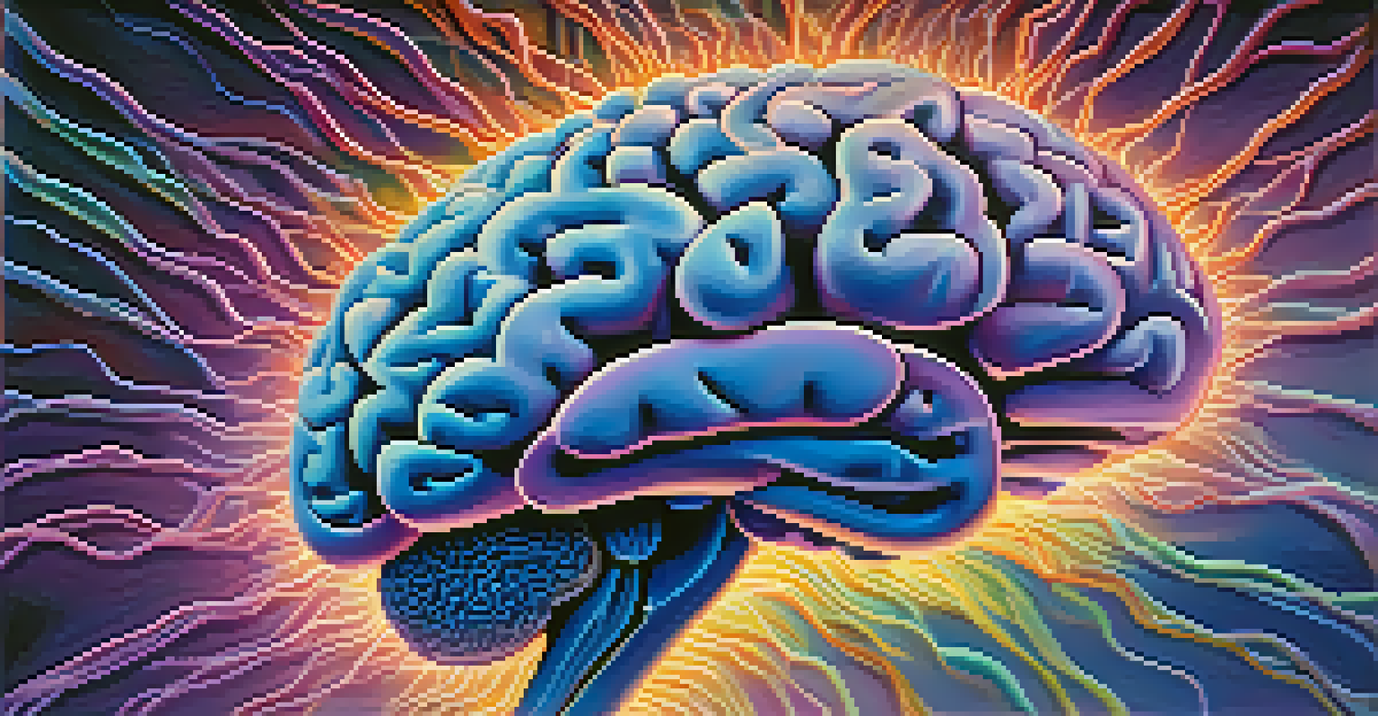 An illuminated brain with colorful connections on a calming blue and purple background, symbolizing healing.