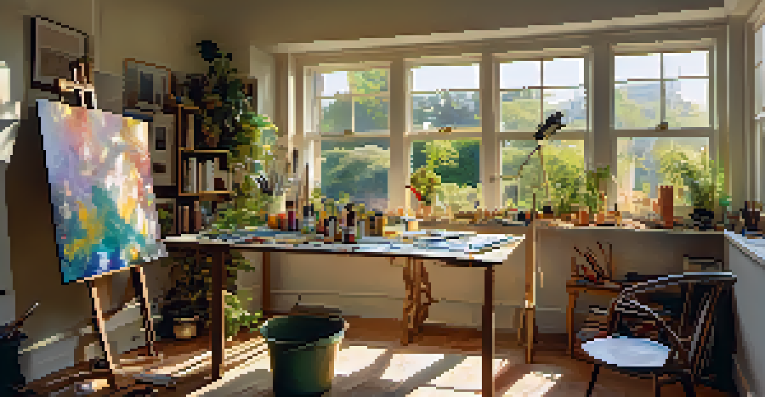 An artistic workspace filled with paint supplies and a canvas, illuminated by warm light and a view of a garden.