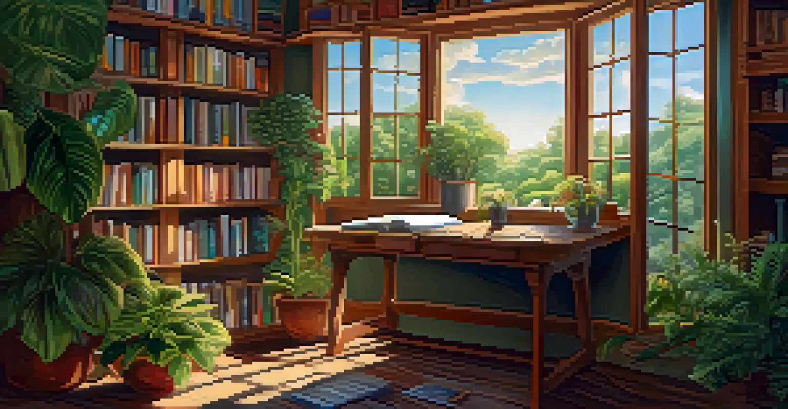 A warm study room with a person journaling at a desk, surrounded by books and plants, and a garden view.