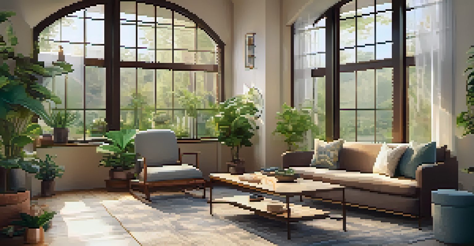 A welcoming therapy room with comfortable seating, soft lighting, and a view of a lush garden outside.