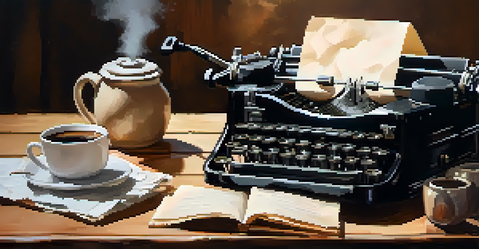 A vintage typewriter on a table with papers and coffee, creating a nostalgic writer's workspace.