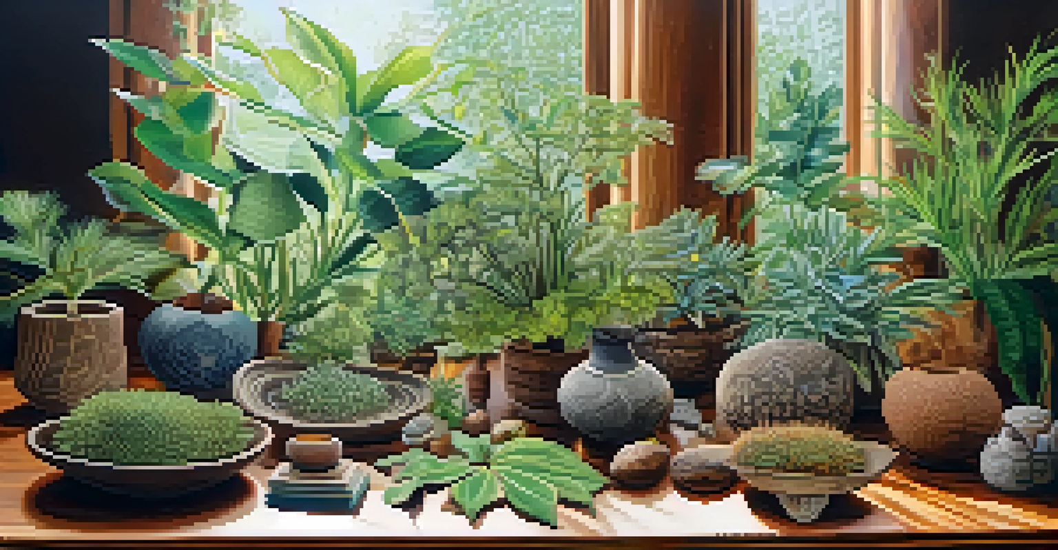 Close-up of various natural entheogenic plants on a wooden table, showcasing their colors and textures against a blurred background of African artifacts.