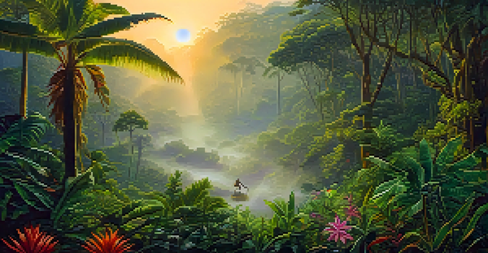 A lush Amazon rainforest at dawn with an indigenous figure gathering herbs, surrounded by colorful flowers, illuminated by soft golden sunlight.