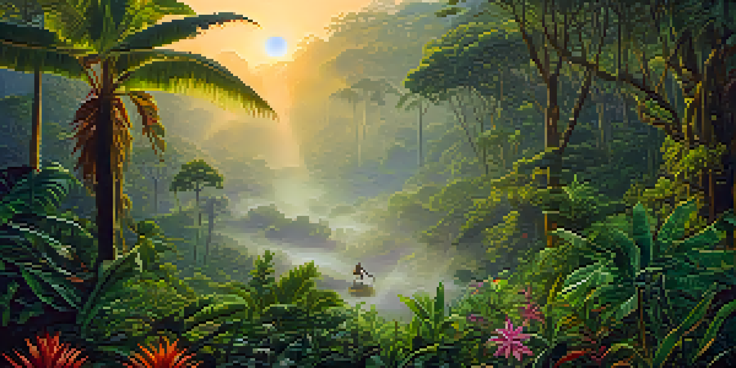 A lush Amazon rainforest at dawn with an indigenous figure gathering herbs, surrounded by colorful flowers, illuminated by soft golden sunlight.