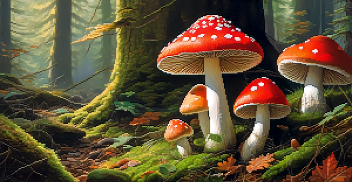 A colorful forest filled with different types of mushrooms, including a red and white fly agaric, surrounded by green moss and leaves, with soft sunlight filtering through the trees.