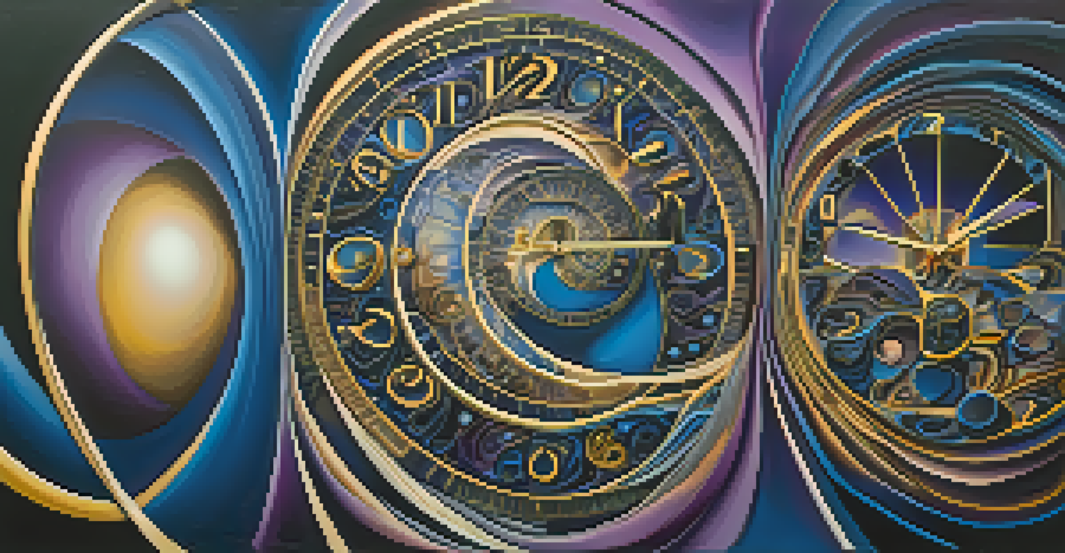 An artistic depiction of time dilation with swirling clocks and a cosmic background.