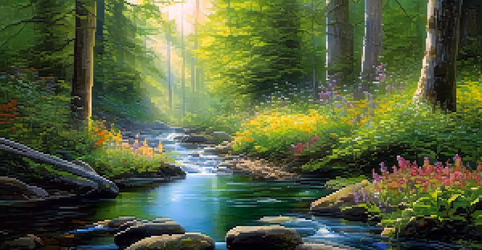 A peaceful forest with sunlight filtering through the trees, colorful wildflowers, and a gentle stream.