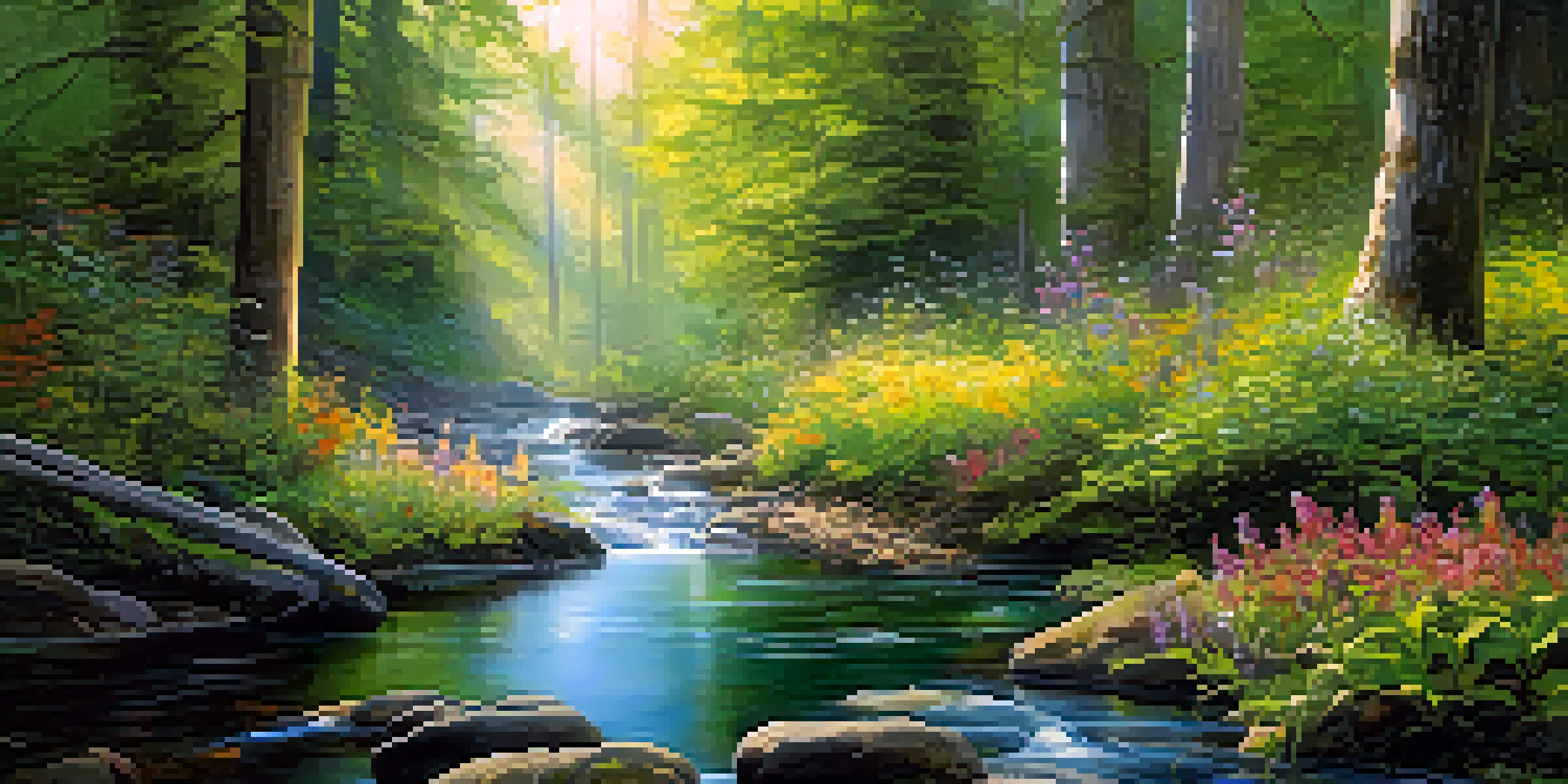 A peaceful forest with sunlight filtering through the trees, colorful wildflowers, and a gentle stream.