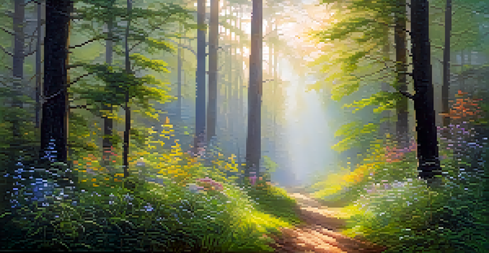 A peaceful forest at sunrise with golden light filtering through trees and colorful wildflowers in a clearing.