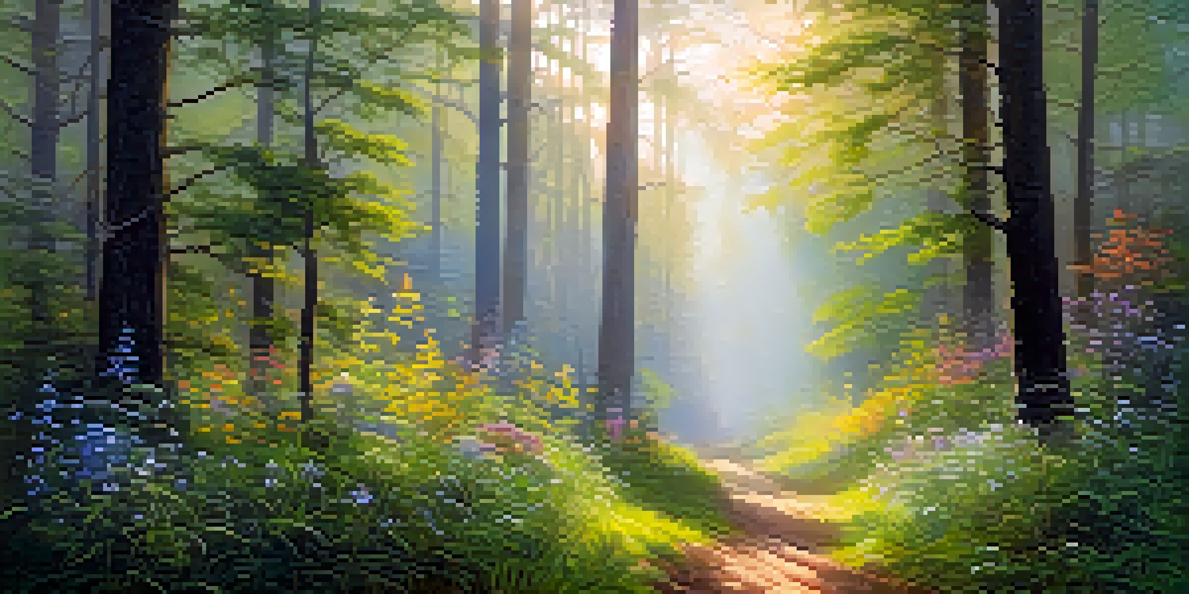A peaceful forest at sunrise with golden light filtering through trees and colorful wildflowers in a clearing.