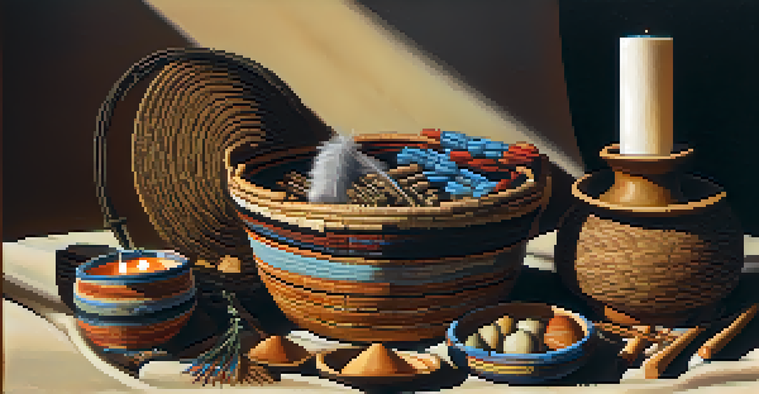 A traditional Native American ceremonial setup with peyote, feathers, sage, and a lit candle on a textured cloth.