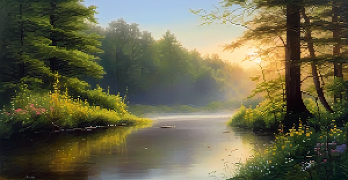 A serene sunrise over a misty forest with a gentle stream in the foreground and colorful wildflowers.