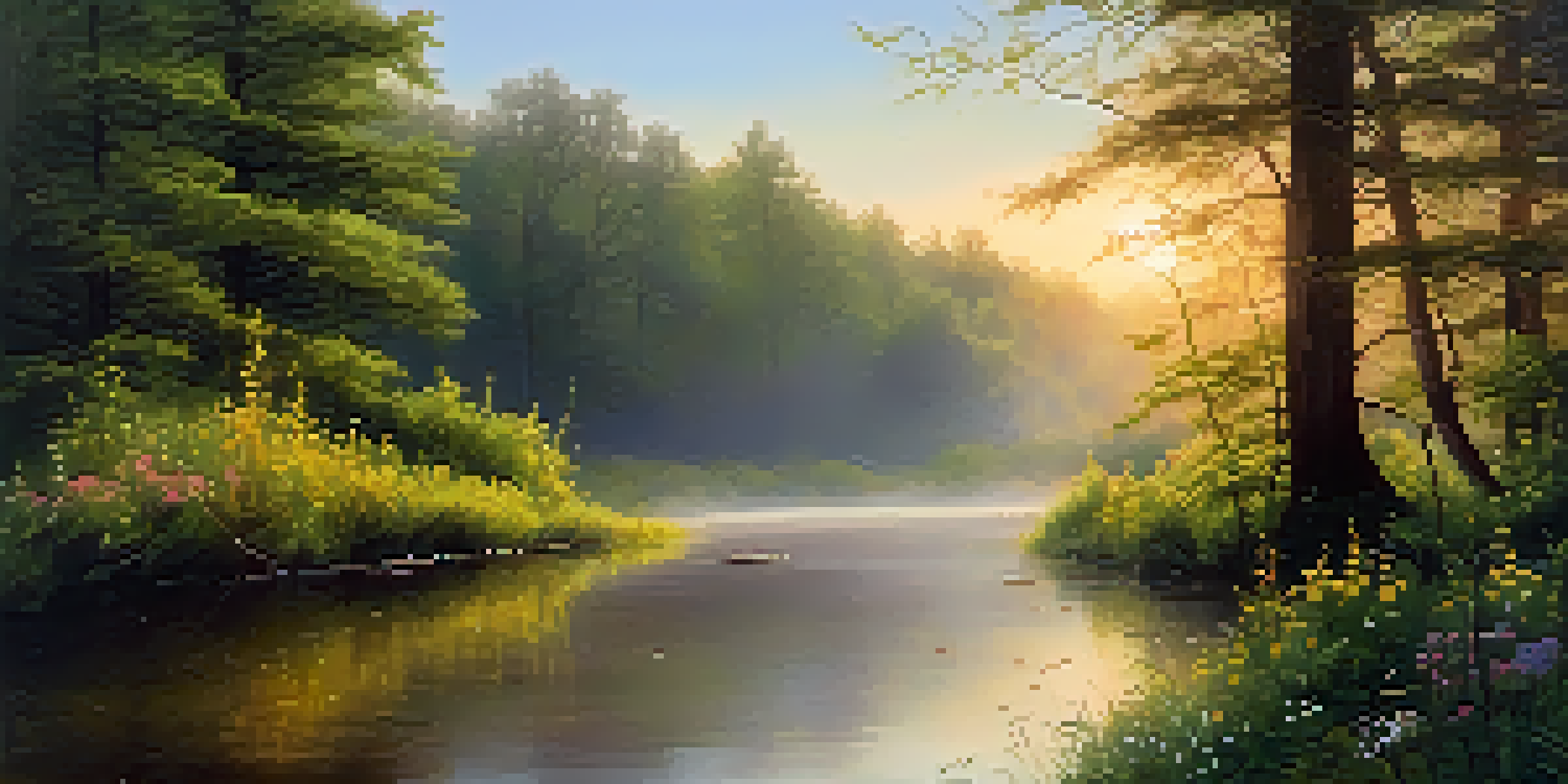 A serene sunrise over a misty forest with a gentle stream in the foreground and colorful wildflowers.