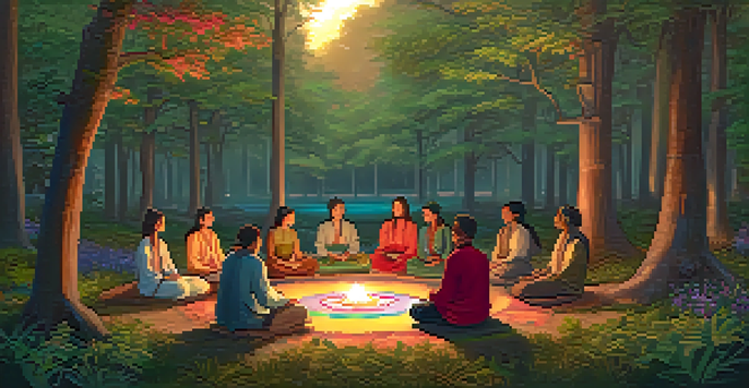 A peaceful forest with people in a circle participating in a healing ceremony, surrounded by nature.