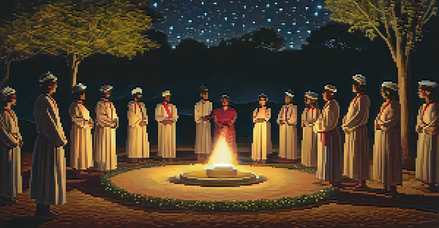 A diverse group of people in a ceremonial gathering at night, surrounded by nature and illuminated by candlelight.