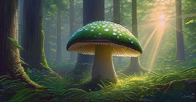 A peaceful forest at dawn with sunlight filtering through trees, featuring a single psilocybin mushroom in a clearing covered with morning dew.