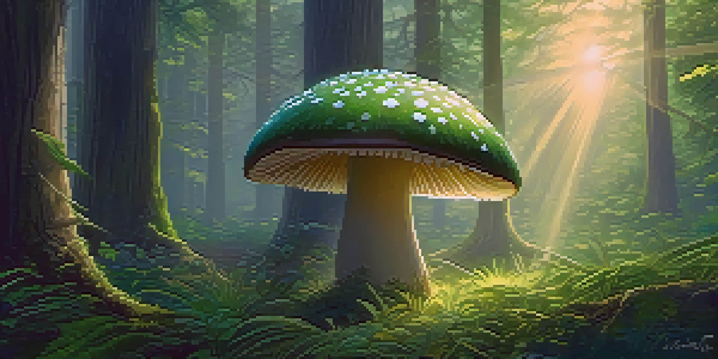 A peaceful forest at dawn with sunlight filtering through trees, featuring a single psilocybin mushroom in a clearing covered with morning dew.