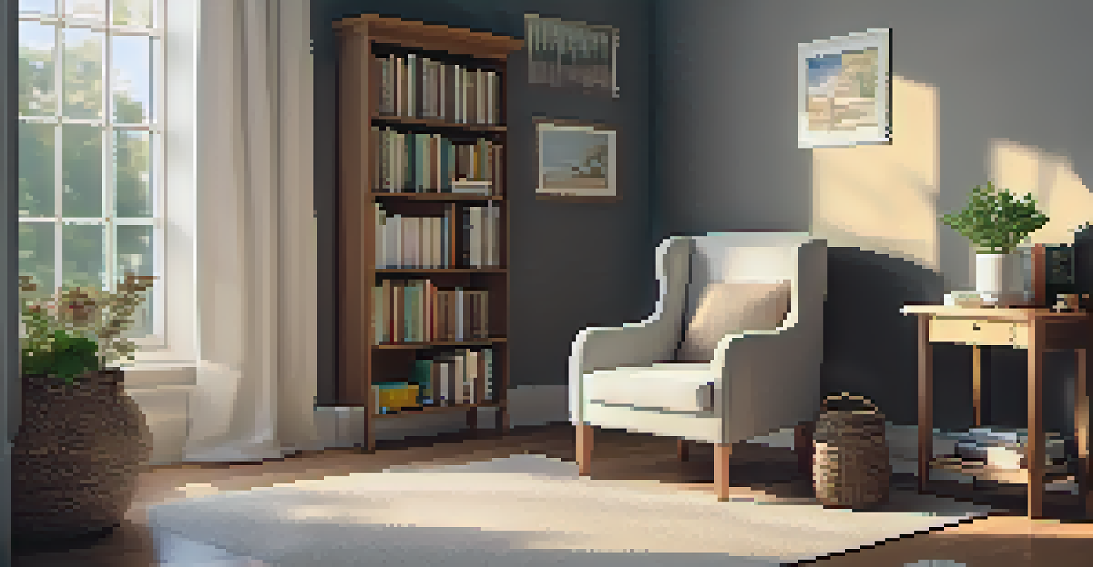 A cozy therapy room with a chair, soft lighting, and books about aging and neuroplasticity on a table.