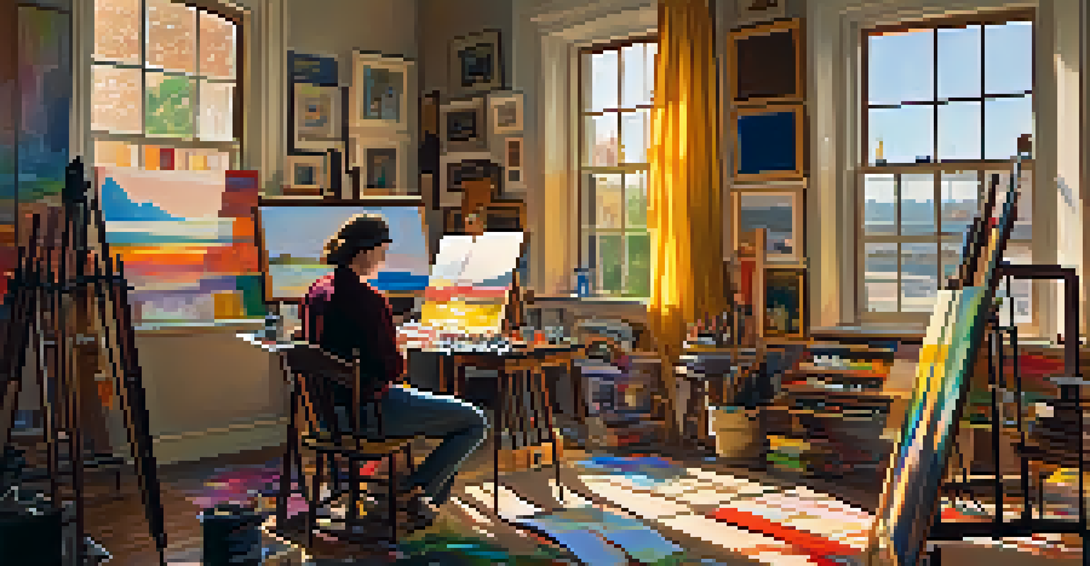An artist working in a colorful studio, surrounded by paintings and art supplies, with warm light illuminating the scene.