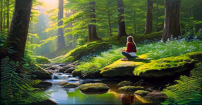 A peaceful forest with sunlight shining through leaves, a stream running by, and a person meditating on a rock.