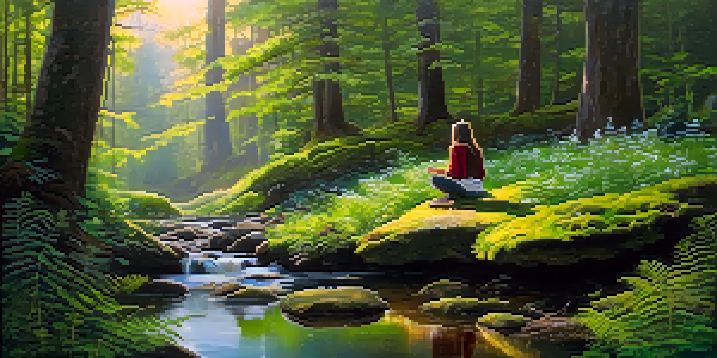 A peaceful forest with sunlight shining through leaves, a stream running by, and a person meditating on a rock.
