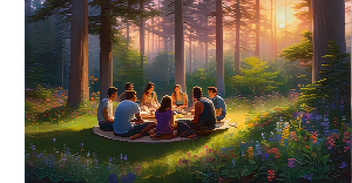 A diverse group of individuals sitting in a circle in a forest, engaged in conversation, surrounded by greenery and flowers.