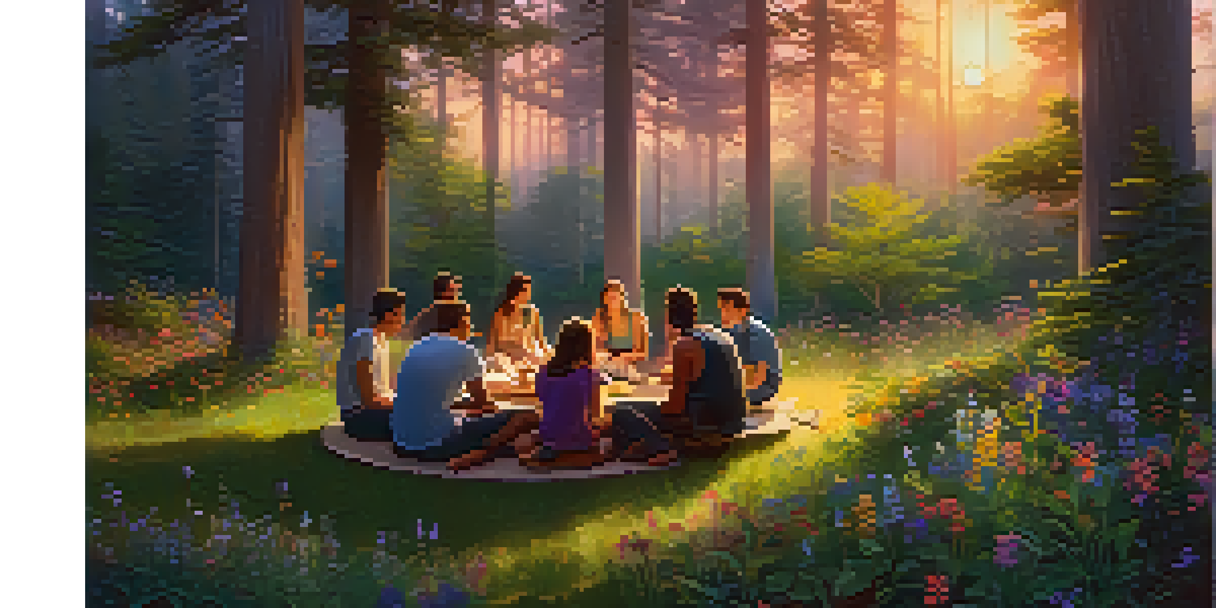 A diverse group of individuals sitting in a circle in a forest, engaged in conversation, surrounded by greenery and flowers.