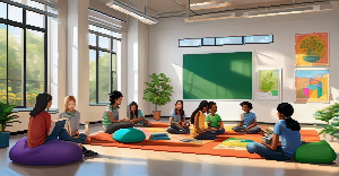 A diverse group of students sitting in a circle in a bright classroom, discussing and engaging with art supplies and notebooks around them.