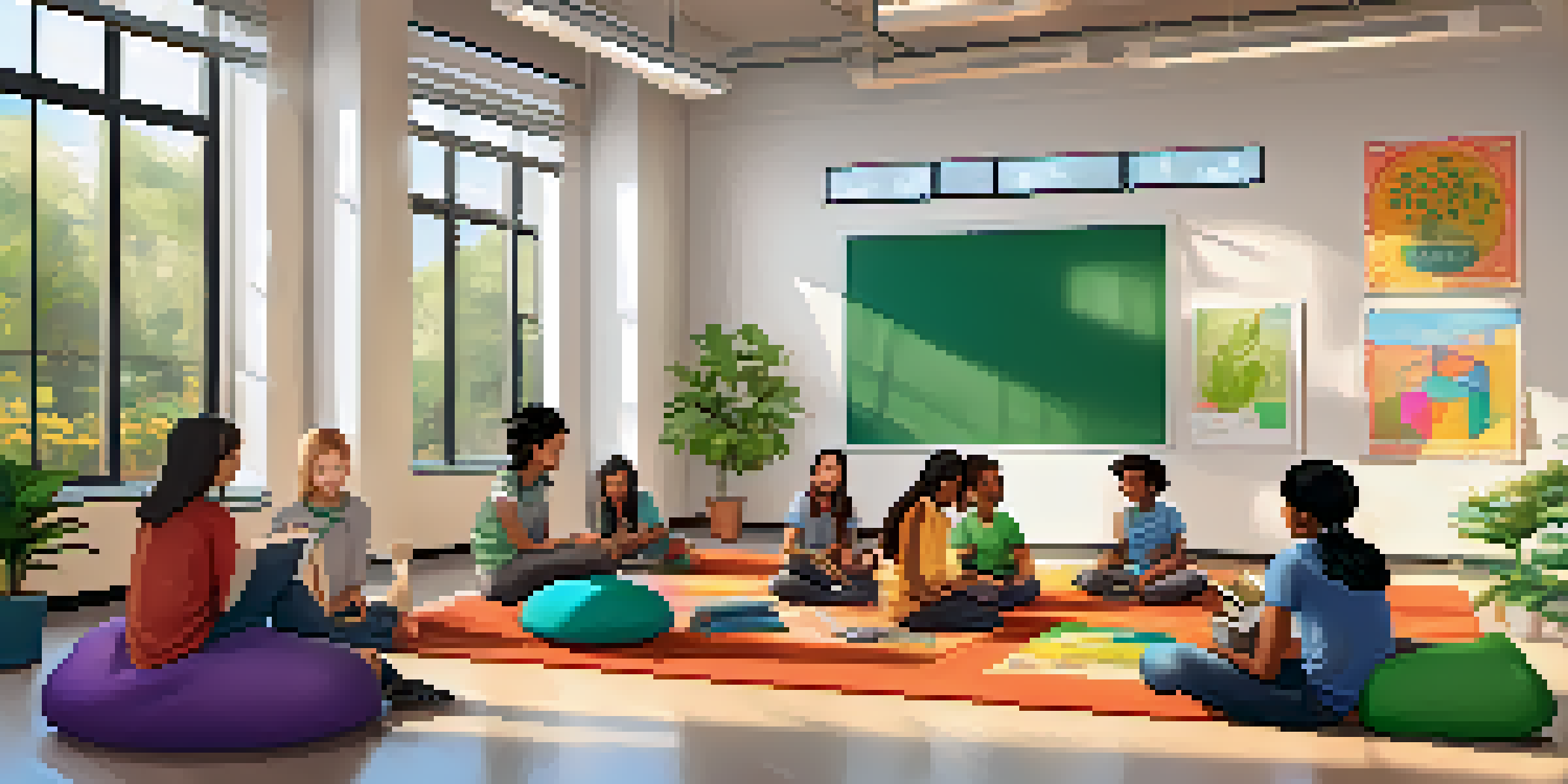 A diverse group of students sitting in a circle in a bright classroom, discussing and engaging with art supplies and notebooks around them.