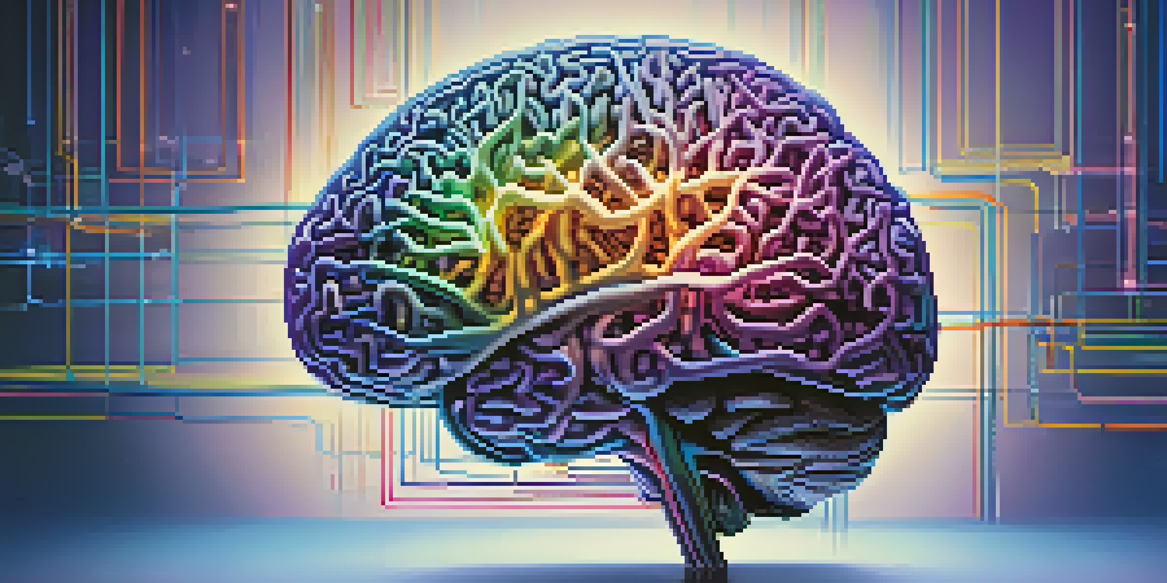 A detailed illustration of a human brain showcasing colorful neural pathways on a gradient background.