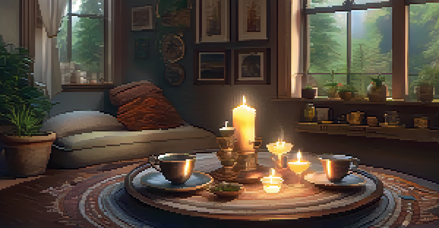 A warm indoor setting with a round table adorned with candles and crystals, surrounded by a cozy rug and cushions, ideal for reflection.