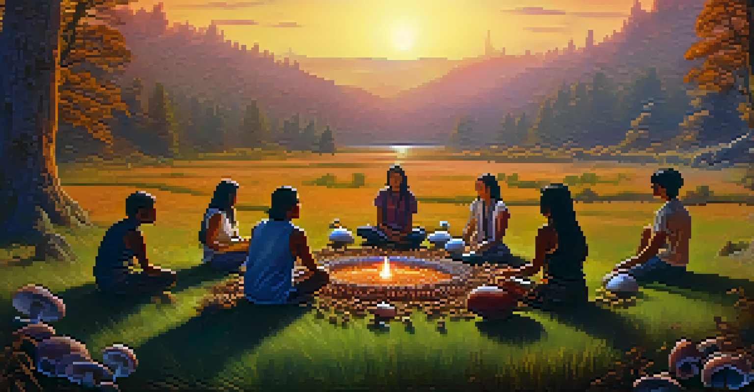 Mazatec people in a meditative circle surrounded by wild psilocybin mushrooms, set against a sunset landscape, evoking a spiritual connection with nature.