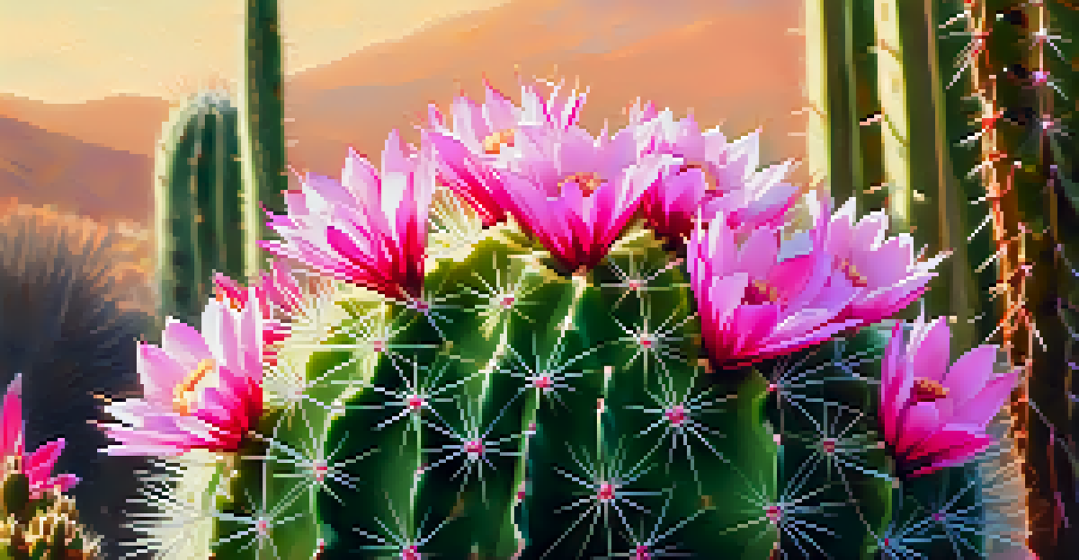 A close-up view of a peyote cactus with green spines and pink flowers, illuminated by warm sunlight against a softly blurred background.