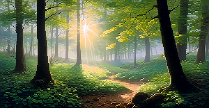 A tranquil forest scene at dawn with mist, sunlight filtering through leaves, and a circle of stones in a clearing.