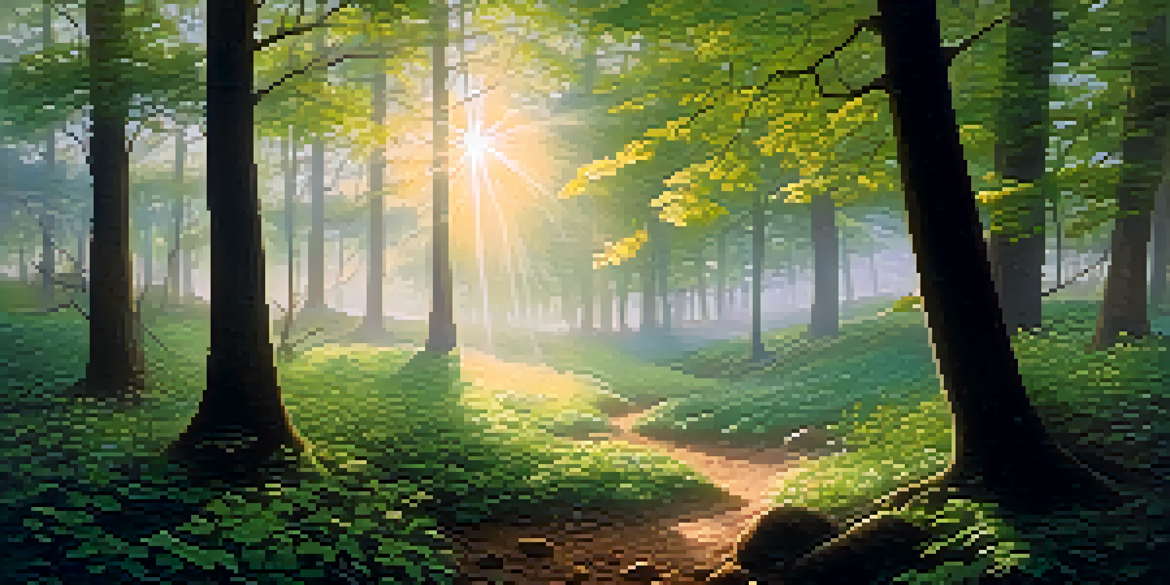 A tranquil forest scene at dawn with mist, sunlight filtering through leaves, and a circle of stones in a clearing.