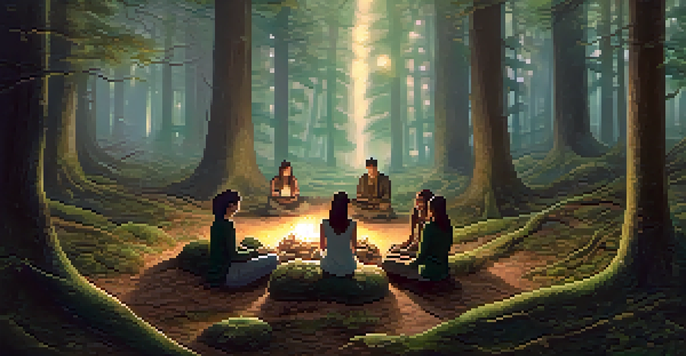A peaceful forest at twilight, with mist and warm light filtering through trees. A group of people meditating in a circle with mushrooms around them.