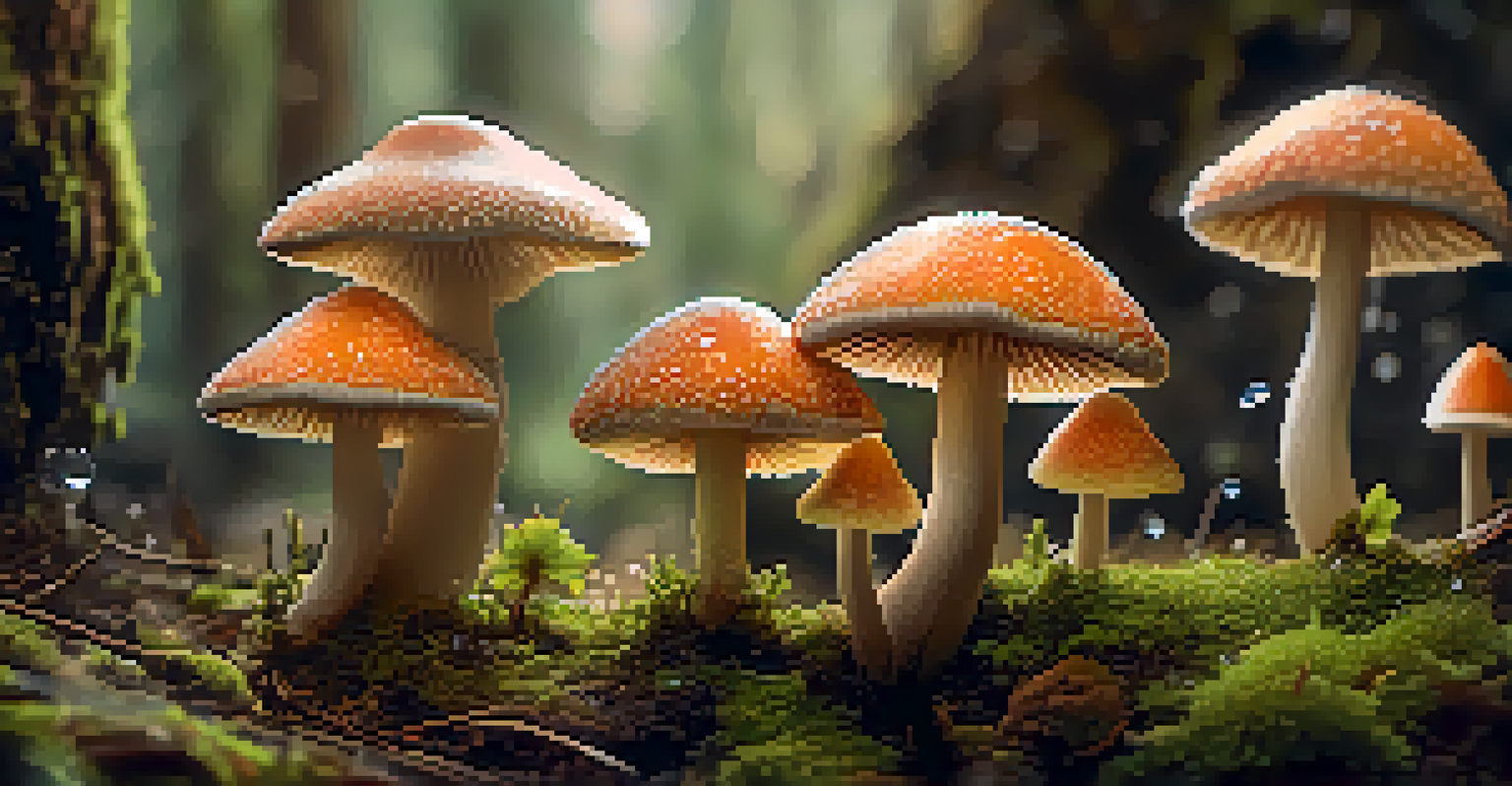 Close-up of psilocybin mushrooms on a mossy forest floor, with sunlight illuminating the scene and dew droplets on the mushrooms.